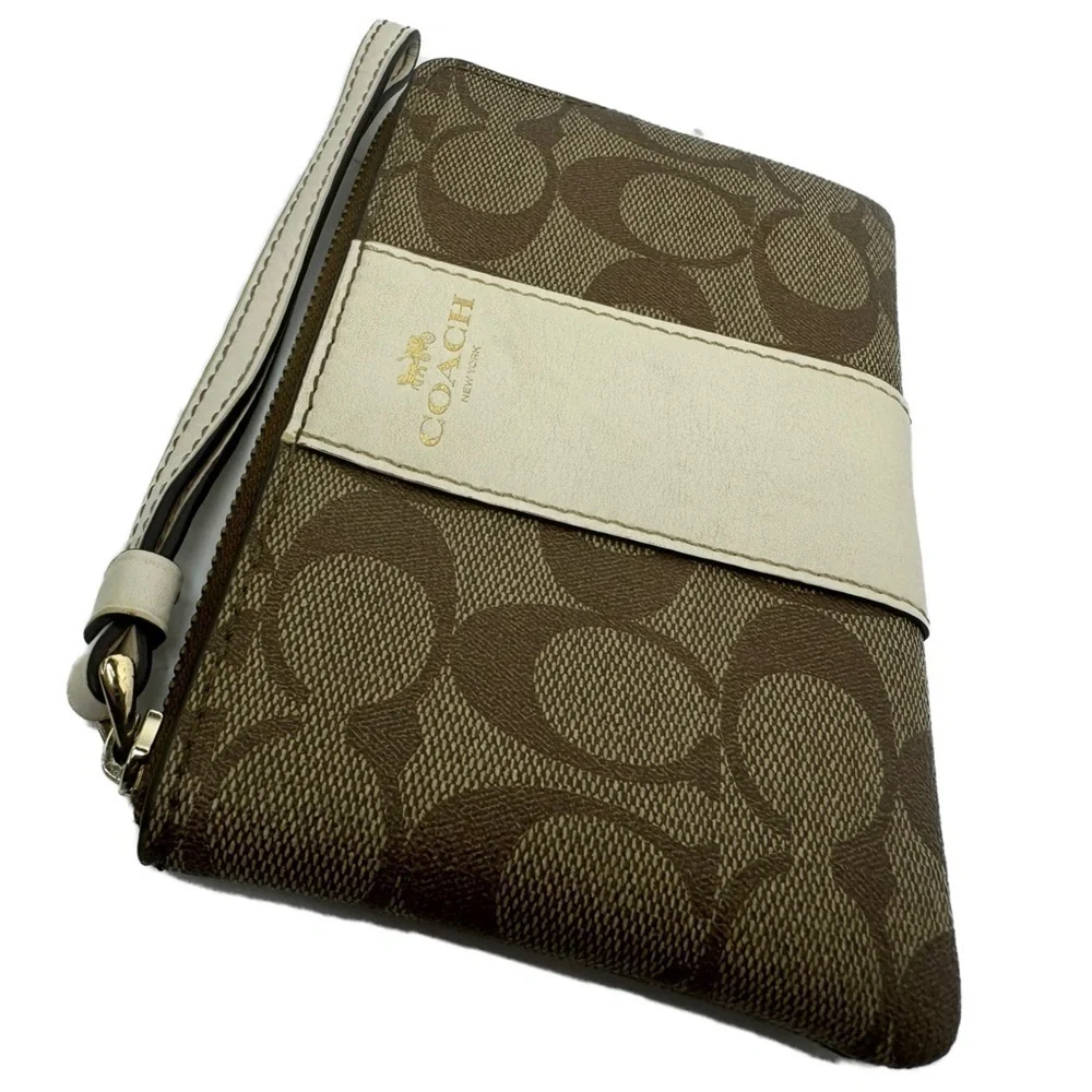 Coach Corner Zip Wristlet In Signature Canvas Color: Gold/KHAKI/CHALK